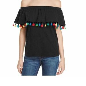 Velvet by Graham & Spencer Black Off-Shoulder Hermione Top with Colorful Tassels
